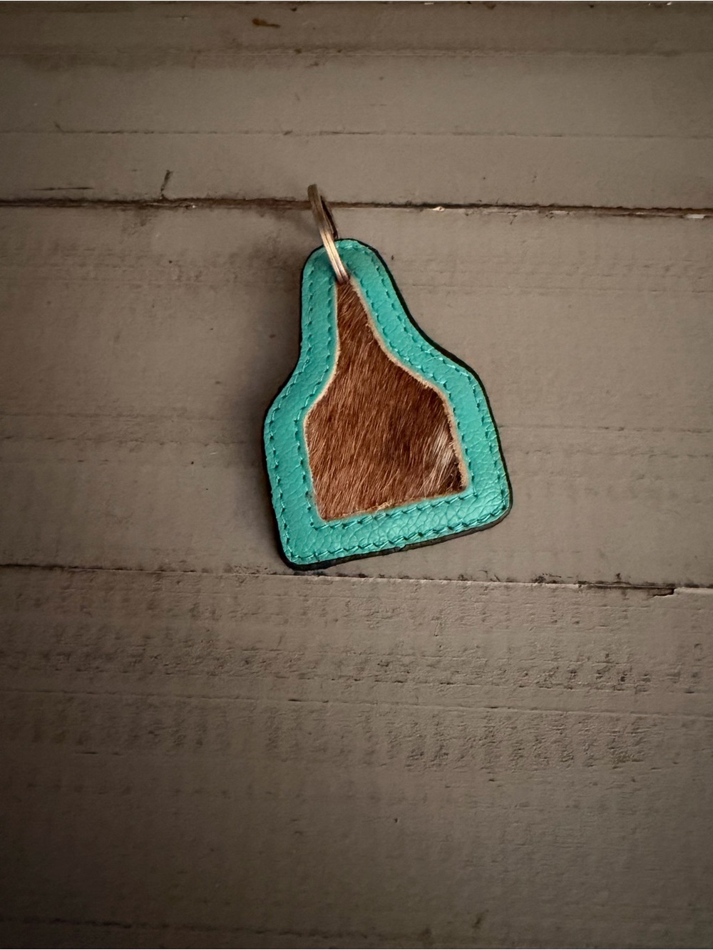 Turquoise Genuine Leather & Brown Cowhide Keychain